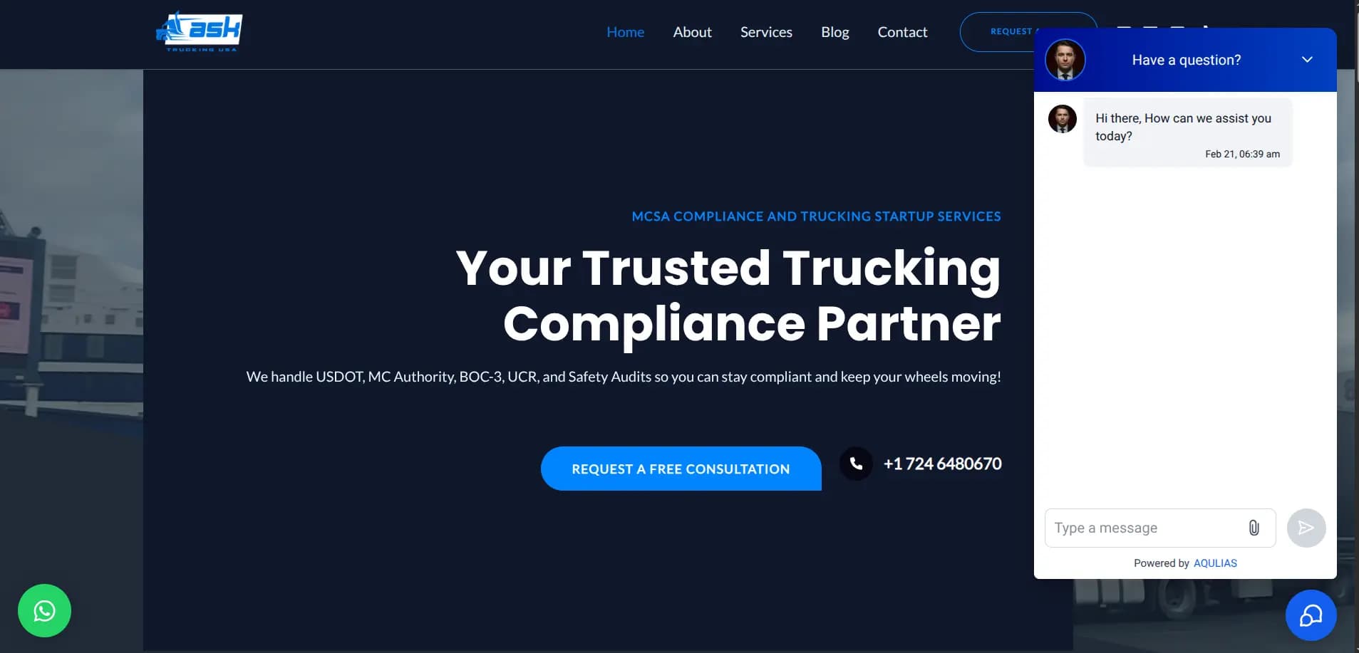 Ask Trucking USA logistics website dashboard built for AI-powered lead capture and automated client onboarding