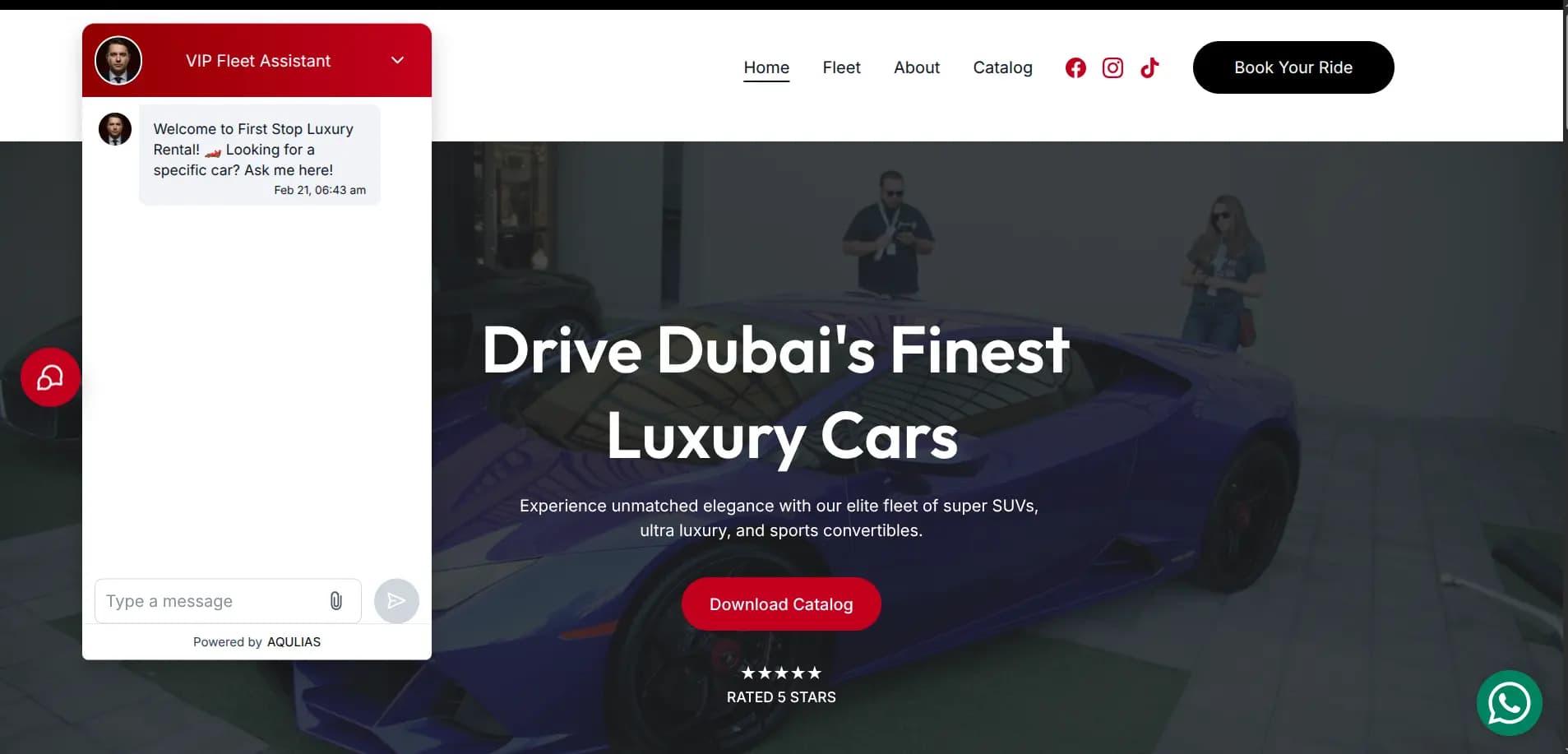 First Stop Car Rental website interface with an AI chatbot that helps visitors browse available rental vehicles instantly