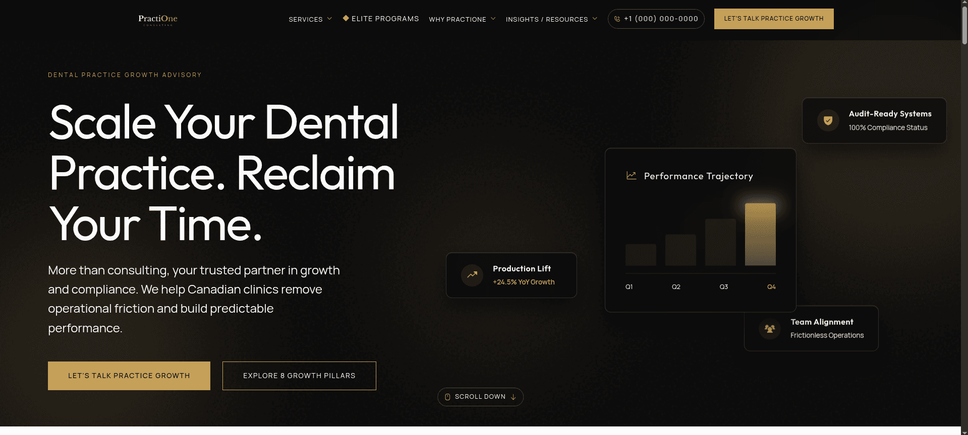 PractiOne Consulting dental growth advisory website homepage designed for a Toronto consulting brand serving Canadian dental clinics