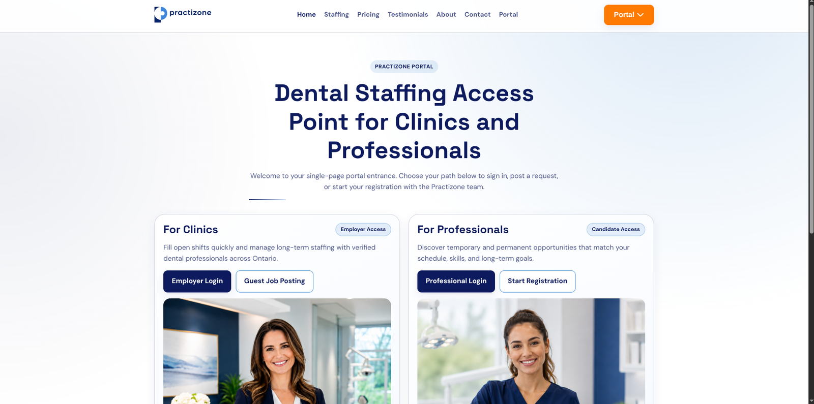 Practizone dental staffing portal homepage built for Canadian clinics and dental professionals with employer and candidate access paths